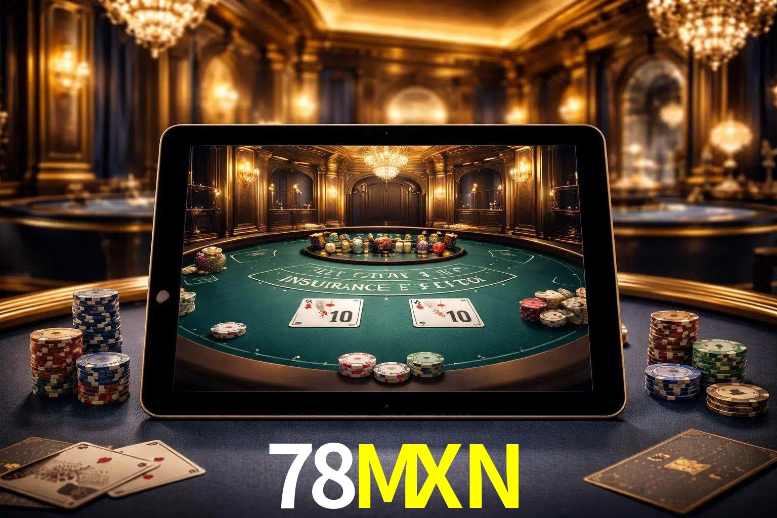 Configuración moderna de casino en vivo con una tableta mostrando una mesa de blackjack, luces cálidas de estudio y una atmósfera elegante de juegos digitales.