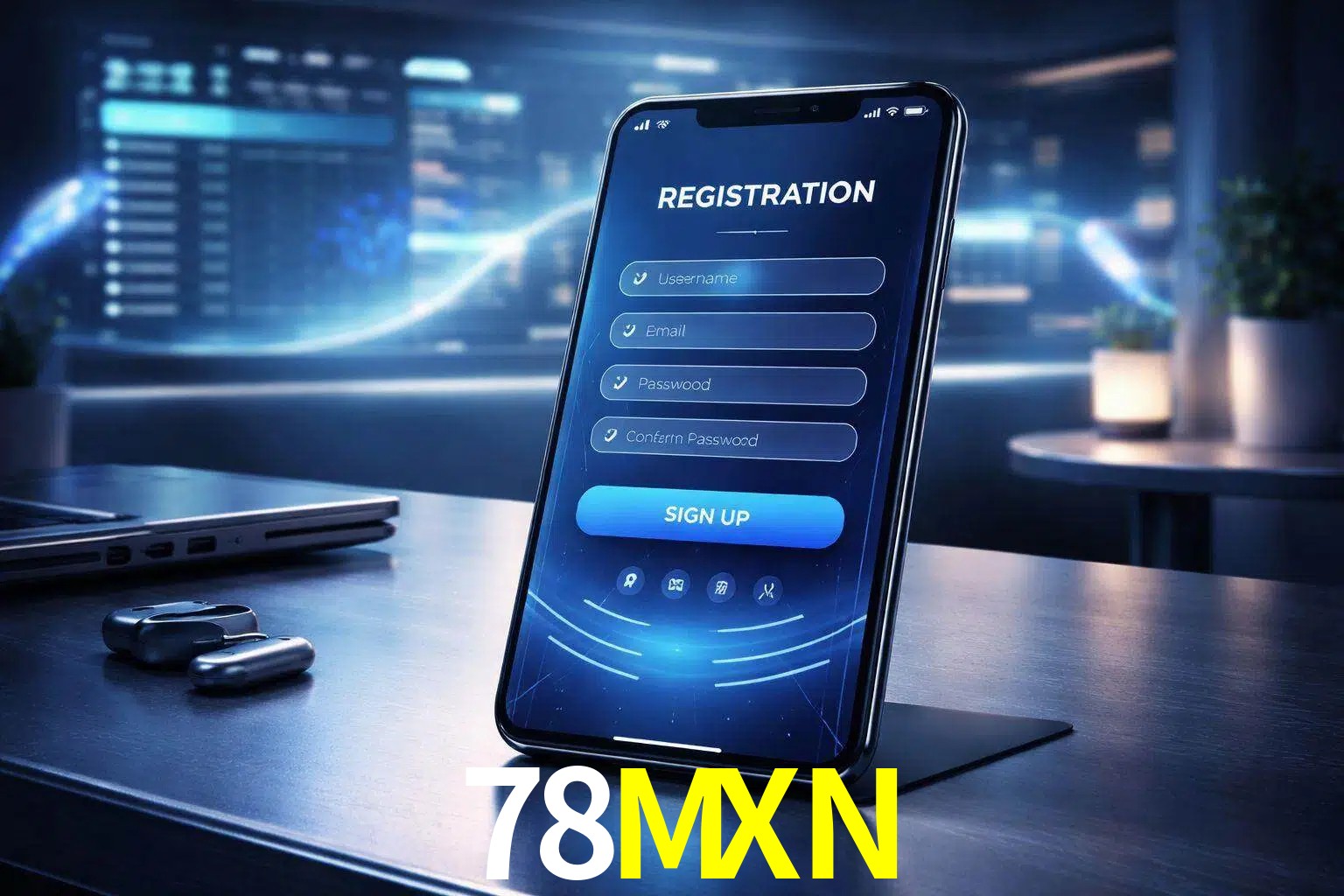 Una interfaz moderna de registro móvil para 78MXN mostrada en un smartphone con un panel de apuestas elegante.
